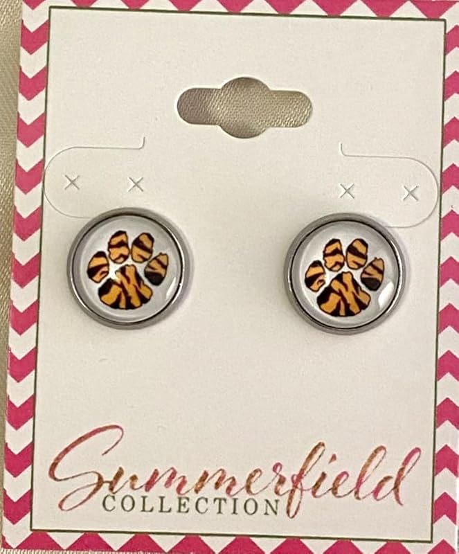 Summerfield Collection Stainless Steel Orange and Black Paw Print Glass Stud Earrings 12mm (Soft Paw)