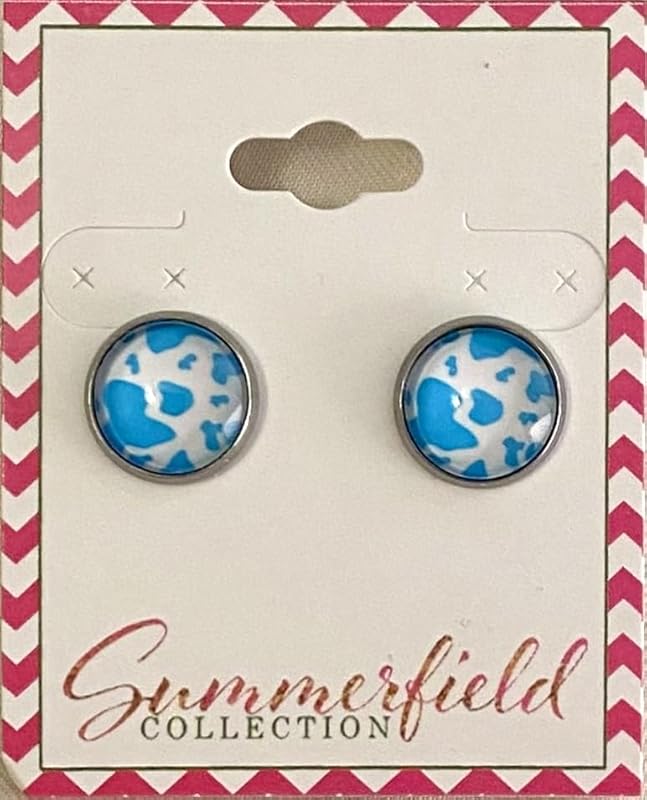 Summerfield Collection Stainless Steel Cow Animal Print Glass Stud Earrings 12mm Black (Aqua Blue)