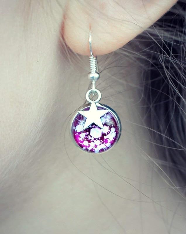 Summerfield Collection Silver-tone Magenta Pink and White Glitter Glass Star Galaxy Dangle Earrings