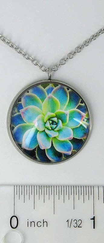 Summerfield Collection Stainless Steel Succulent Printed Glass Necklace Drop Earrings Set (Blue/Green)