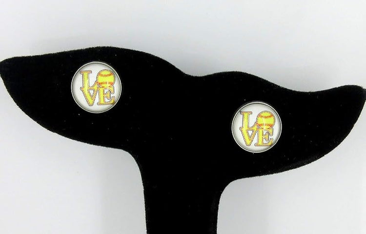 Summerfield Collection Stainless Steel Love Softball Print Glass Stud Earrings 12mm