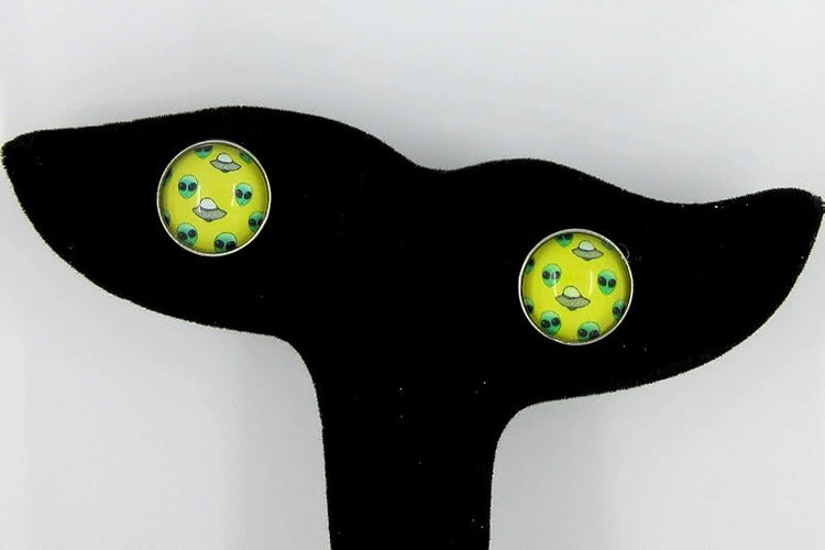 Summerfield Collection Stainless Steel Yellow and Neon Green Alien UFO Print Glass Stud Earrings 12mm