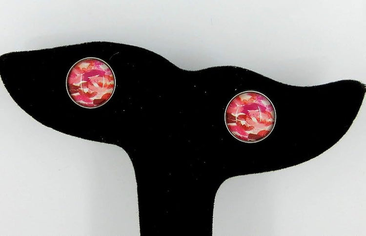 Summerfield Collection Stainless Steel Lipstick Kisses Camo Print Glass Stud Earrings 12mm White Pink Red