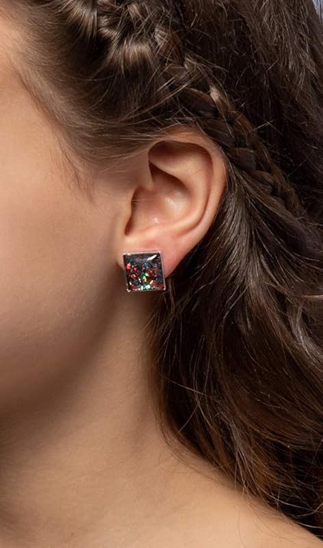 Summerfield Collection Silver-tone Aqua Blue and Red Glitter Glass Stud Earrings Hand-painted Square 12mm
