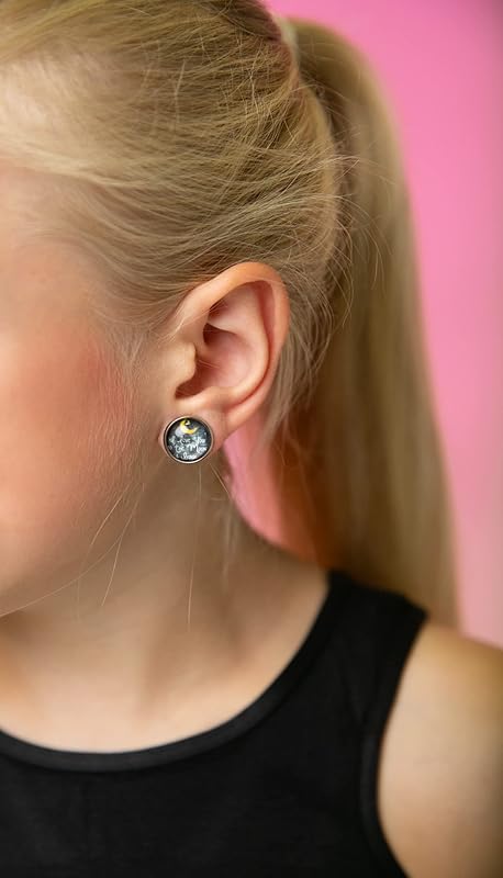 Summerfield Collection Stainless Steel I Love You to the Moon and Back Print Glass Stud Earrings 12mm (Crescent Moon)