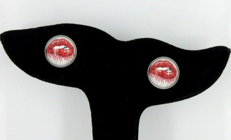 Summerfield Collection Stainless Steel Lip Bite Print Glass Stud Earrings 12mm White Red Lipstick
