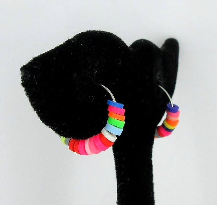Summerfield Collection 15mm Stainless Steel Polymer Clay Katsuki Bead Hoop Earrings (Bright Multi)