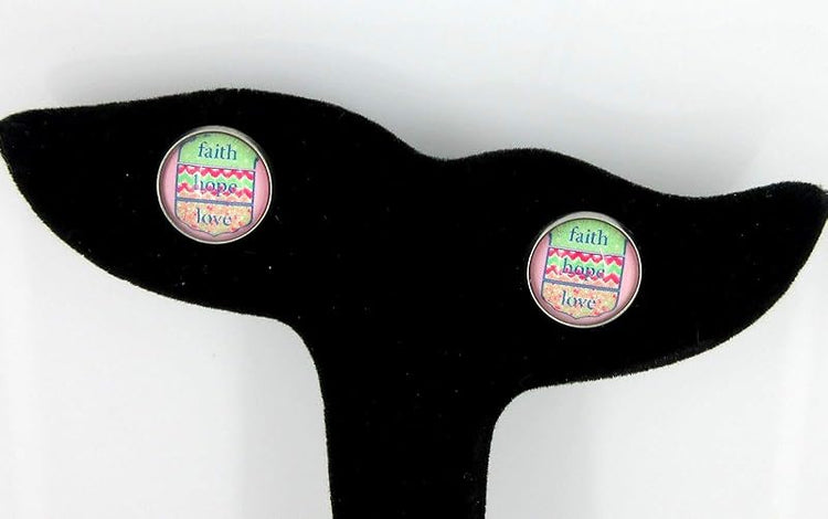 Summerfield Collection Stainless Steel Faith Hope Love Print Glass Stud Earrings 12mm