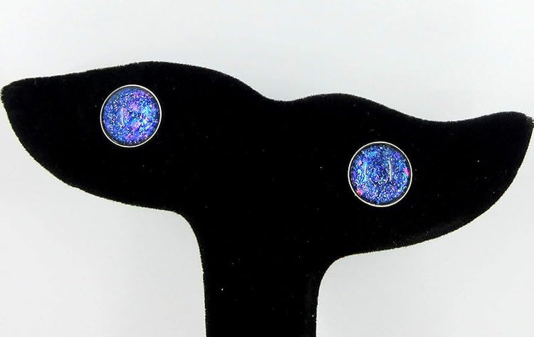 Summerfield Collection Stainless Steel Blue Purple Pink Glitter Glass Stud Earrings Hand-painted 10mm
