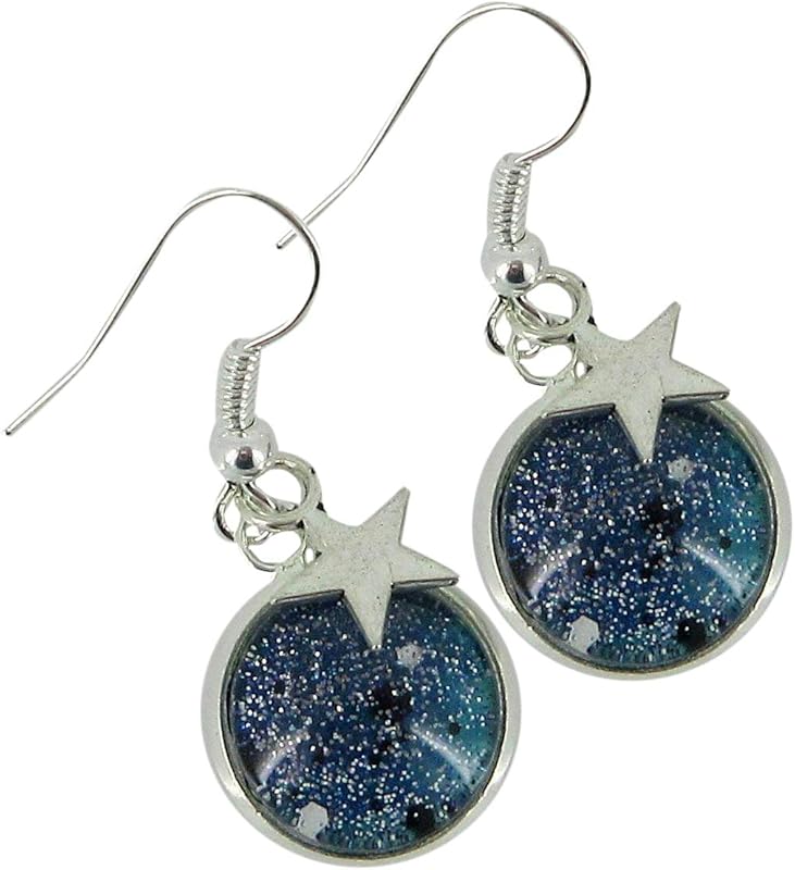 Summerfield Collection Silver-tone Glitter Glass Star Charm Galaxy Dangle Earrings Blue Hand-painted