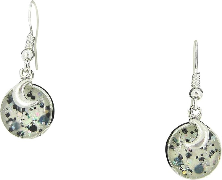 Summerfield Collection Silver-tone White and Black Glitter Glass Curved Horn Charm Dangle Earrings