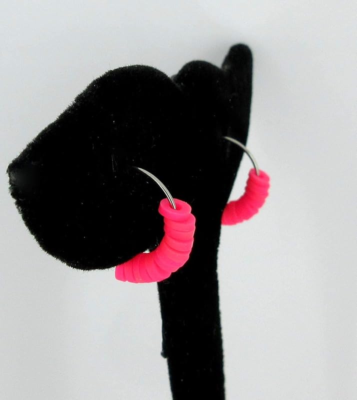 Summerfield Collection 15mm Stainless Steel Polymer Clay Katsuki Bead Hoop Earrings (Neon Pink)