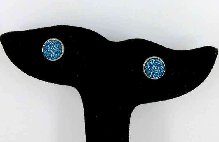 Summerfield Collection Stainless Steel Glitter Faux Druzy Stone Stud Earrings 8mm (Ocean Blue)