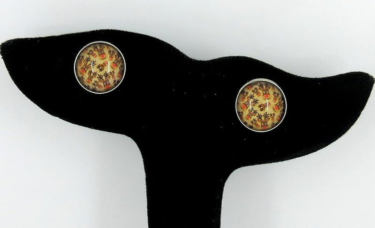 Summerfield Collection Stainless Steel Happy Reindeer Print Glass Stud Earrings 12mm Christmas