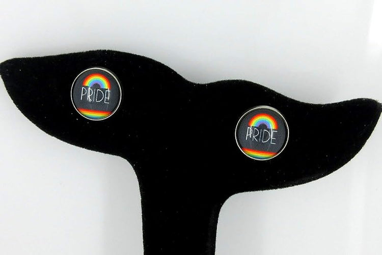 Summerfield Collection Stainless Steel Rainbow Pride Print Glass Stud Earrings 12mm Black