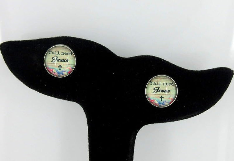 Summerfield Collection Stainless Steel Y'all need Jesus Print Glass Stud Earrings 12mm