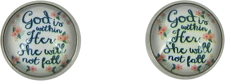 Summerfield Collection Stainless Steel God is WIthin Her She WIll Not Fall Print Glass Stud Earrings 12mm