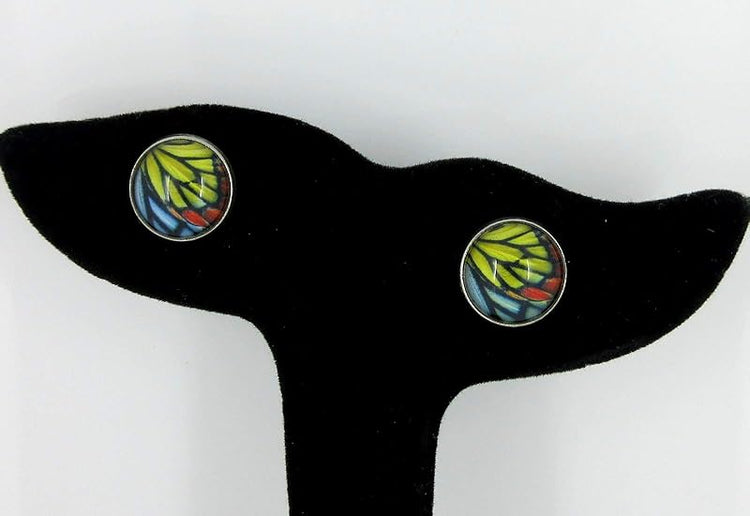 Summerfield Collection Stainless Steel Butterfly Wing Print Glass Stud Earrings 12mm (Yellow/Blue/Red)