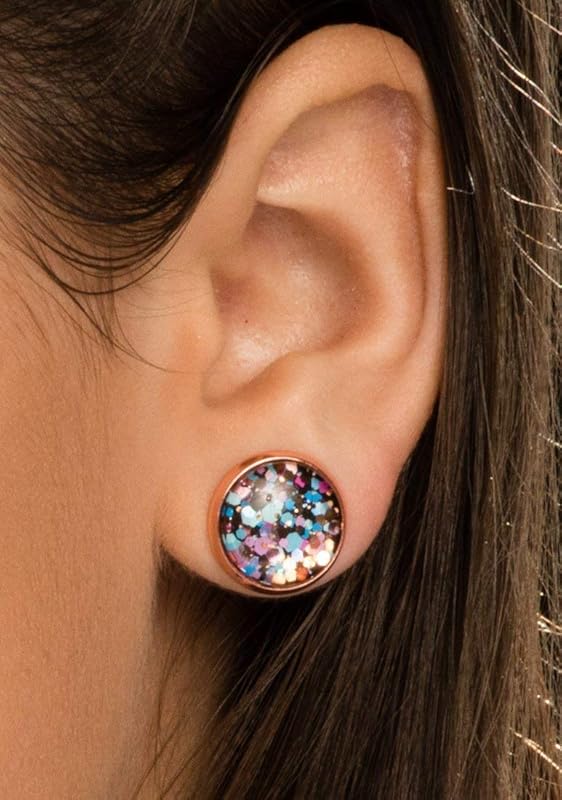 Summerfield Collection Rose Gold-tone Blue Pink Purple Glitter Glass Stud Earrings 12mm Hand-painted