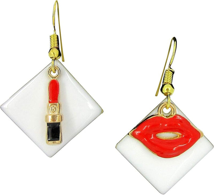 Summerfield Collection Gold-tone Enamel Lipstick and Lip Charm Dangle Earrings (White/Red)