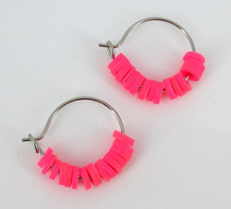 Summerfield Collection 15mm Stainless Steel Polymer Clay Katsuki Bead Hoop Earrings (Neon Pink)