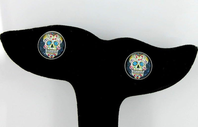 Summerfield Collection Stainless Steel Black Sugar Skull Printed Glass Stud Earrings 12mm