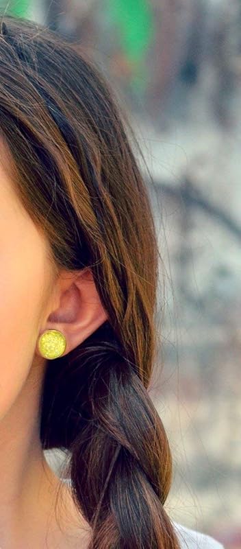 Summerfield Collection Silver-tone Neon Yellow Green Glitter Glass Stud Earrings Hand-painted 12mm