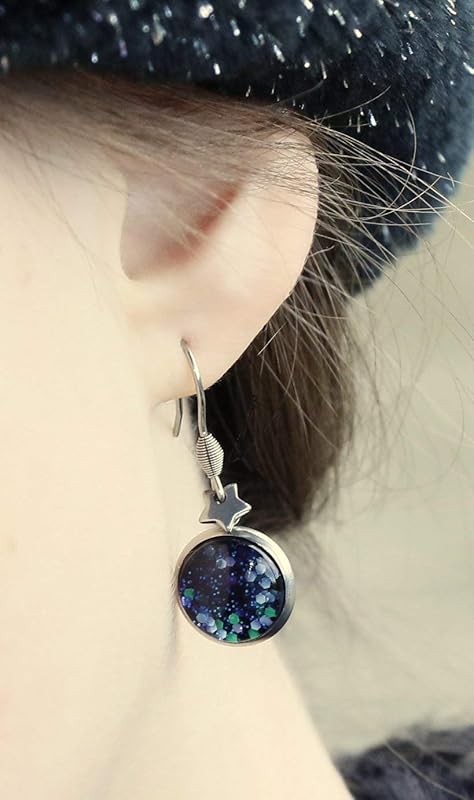 Summerfield Collection Stainless Steel Blue Green Glitter Glass Star Charm Galaxy Dangle Earrings Hand-painted