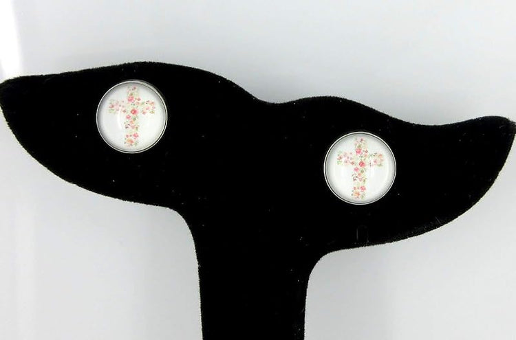 Summerfield Collection Stainless Steel White and Pink Flower Cross Print Glass Stud Earrings 12mm