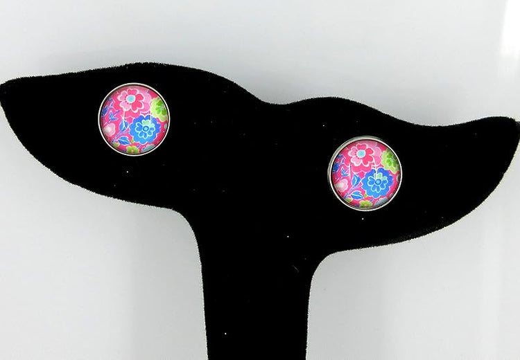 Summerfield Collection Stainless Steel Floral Printed Glass Necklace Stud Earrings Set (Pink)