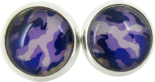 Summerfield Collection Silver-tone Camo Print Glass Stud Earrings 10mm Camoflauge (Purple)