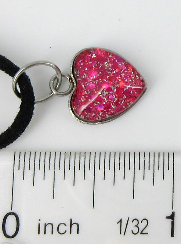 Summerfield Collection Hot Pink Hand-painted Glass Heart Choker Necklace Faux Black Suede Cord Stud Earrings Set