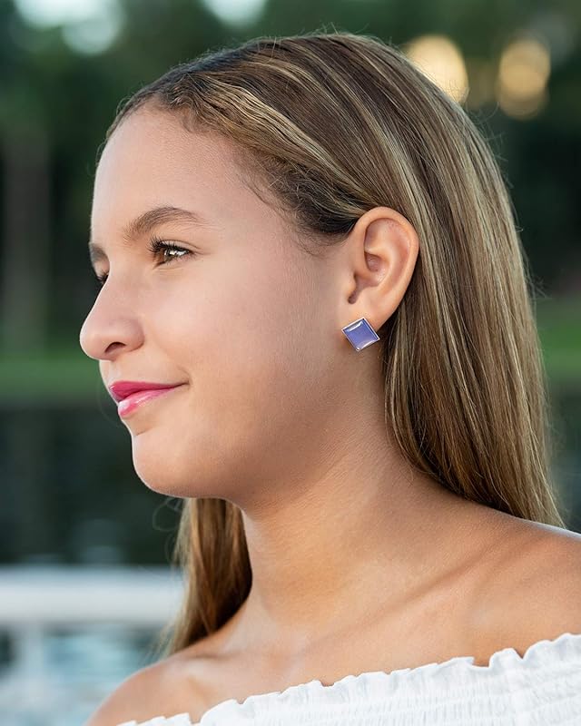 Summerfield Collection Silver-tone Metallic Purple Color Shifting Glass Stud Earrings Hand-painted Square 12mm