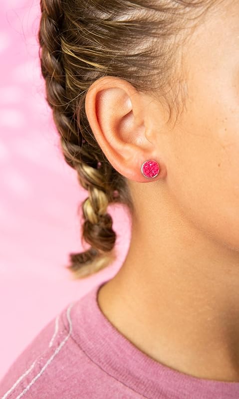 Summerfield Collection Stainless Steel Matte Faux Druzy Stone Stud Earrings 8mm (Magenta Pink)