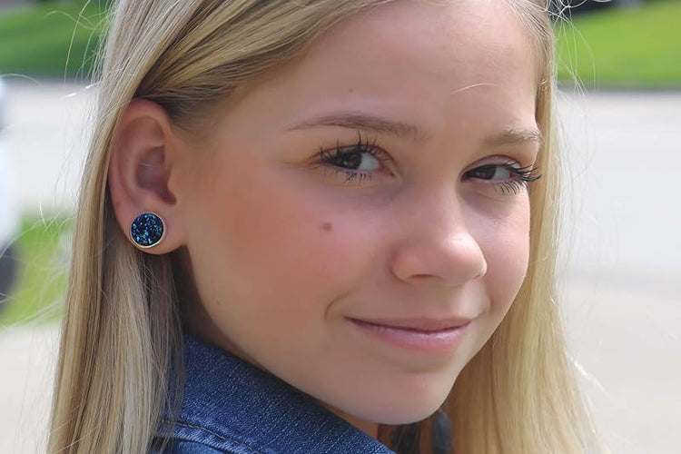 Summerfield Collection Silver-tone Metallic Faux Druzy Stone Stud Earrings 12mm (Blue)