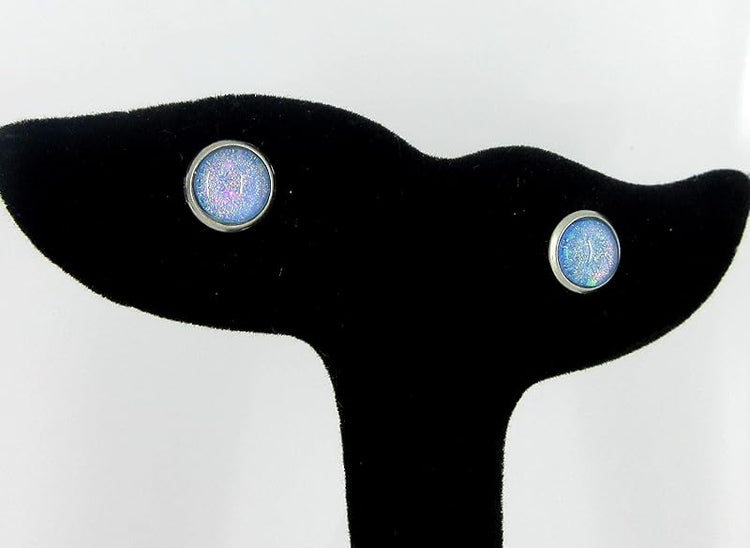 Summerfield Collection Stainless Steel Sky Blue and Rainbow Glitter Flake Glass Stud Earrings Hand-painted (8mm)