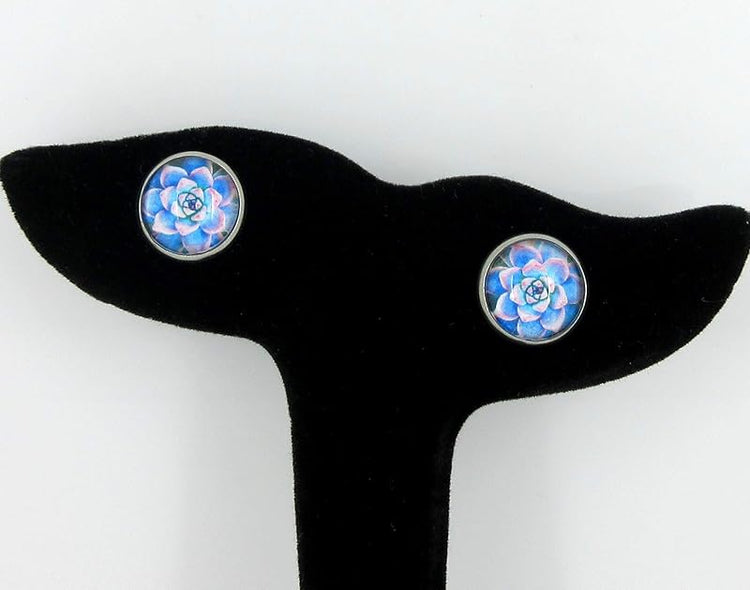 Summerfield Collection Stainless Steel Succulent Plant Print Glass Stud Earrings 12mm (Blue/Pink)