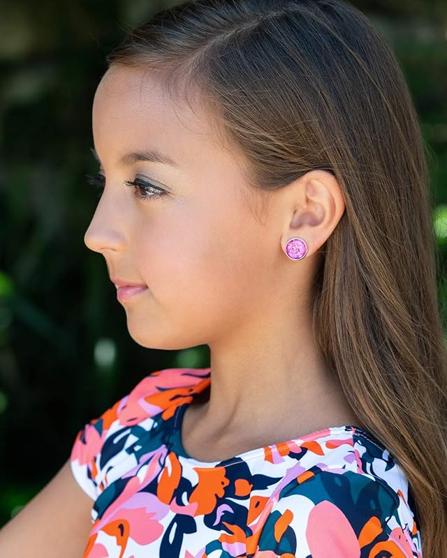Summerfield Collection Silver-tone Raspberry and Hot Pink Glitter Glass Stud Earrings Hand-painted 12mm