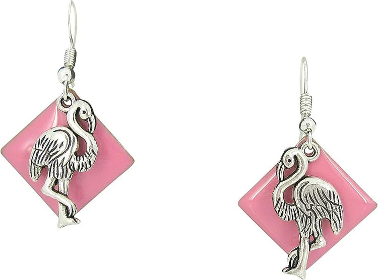 Summerfield Collection Antiqued Silver-tone Pink Enamel Flamingo Charm Dangle Earrings