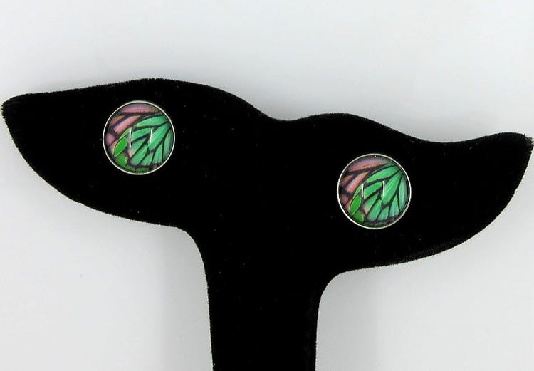 Summerfield Collection Stainless Steel Butterfly Wing Print Glass Stud Earrings 12mm (Green/Purple)