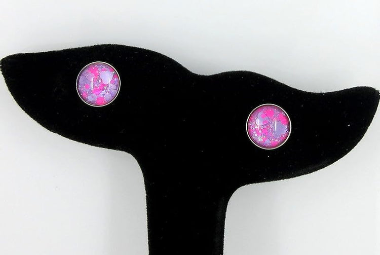 Summerfield Collection Stainless Steel Lavender Purple and Hot Pink Glitter Glass Stud Earrings Hand-painted 10mm