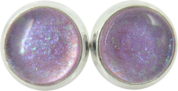 Summerfield Collection Silver-tone Light Purple Glitter Glass Stud Earrings Hand-painted 8mm