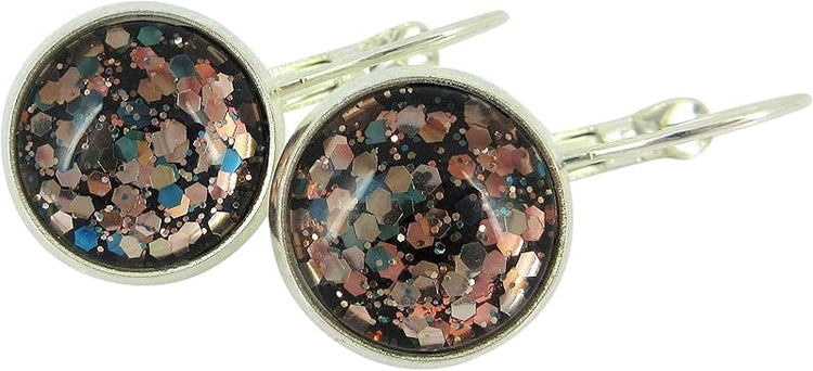 Summerfield Collection Silver-tone Black and Multi-Color Confetti Glitter Glass Lever-back Drop Earrings Hand-painted