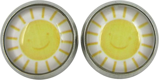 Summerfield Collection Stainless Steel White and Yellow Sunshine Print Glass Stud Earrings 10mm
