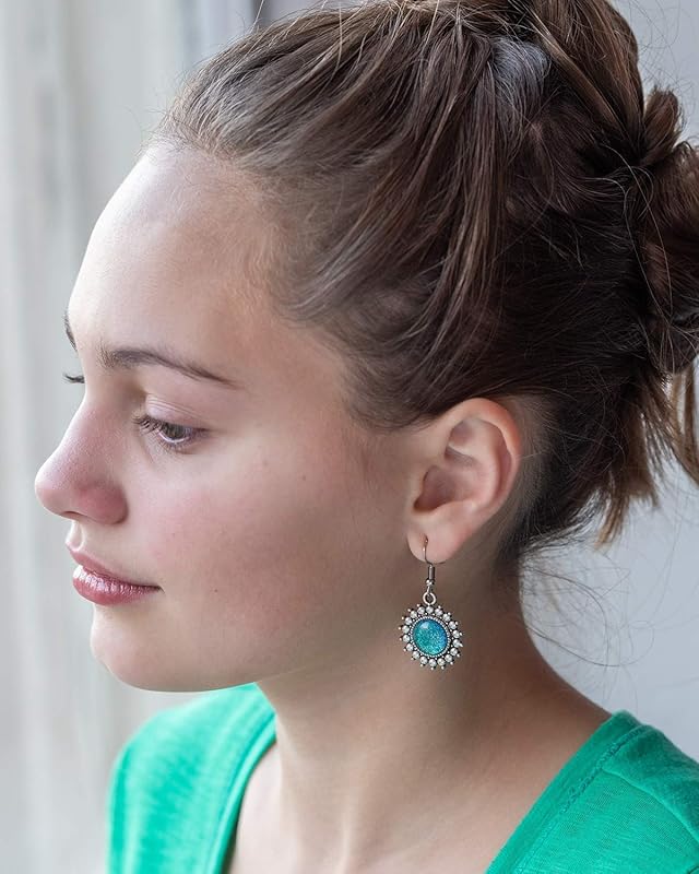 Summerfield Collection Antiqued Silver-tone Blue Green Glitter Glass Dangle Earrings Hand-painted