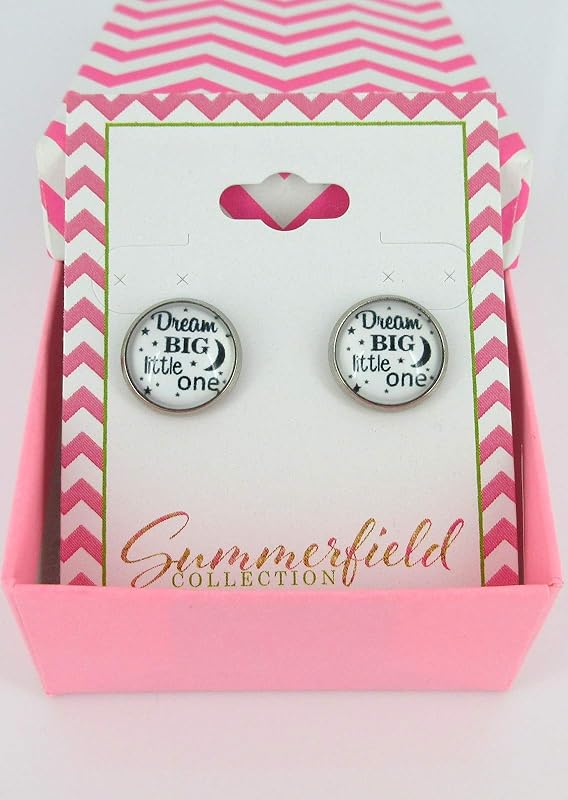 Summerfield Collection Stainless Steel Dream Big Little One Print Glass Stud Earrings 12mm