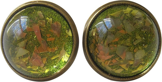 Summerfield Collection Antiqued Gold-tone Green Glitter Glass Stud Earrings Hand-painted 12mm