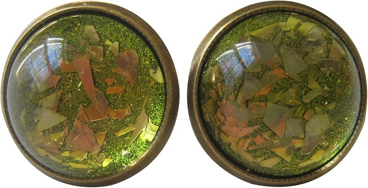 Summerfield Collection Antiqued Gold-tone Green Glitter Glass Stud Earrings Hand-painted 12mm