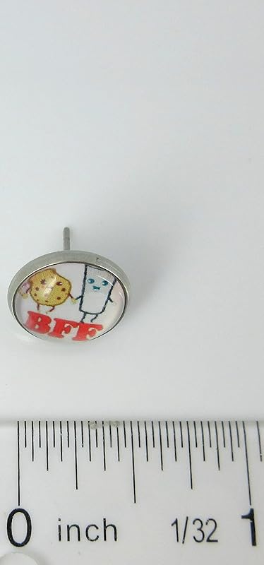 Summerfield Collection Stainless Steel Best Friends Print Glass Stud Earrings 12mm (Milk and Cookies)