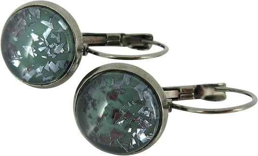 Summerfield Collection Hematite-tone Teal Blue Green Flake Glitter Glass Lever-back Drop Earrings Hand-painted